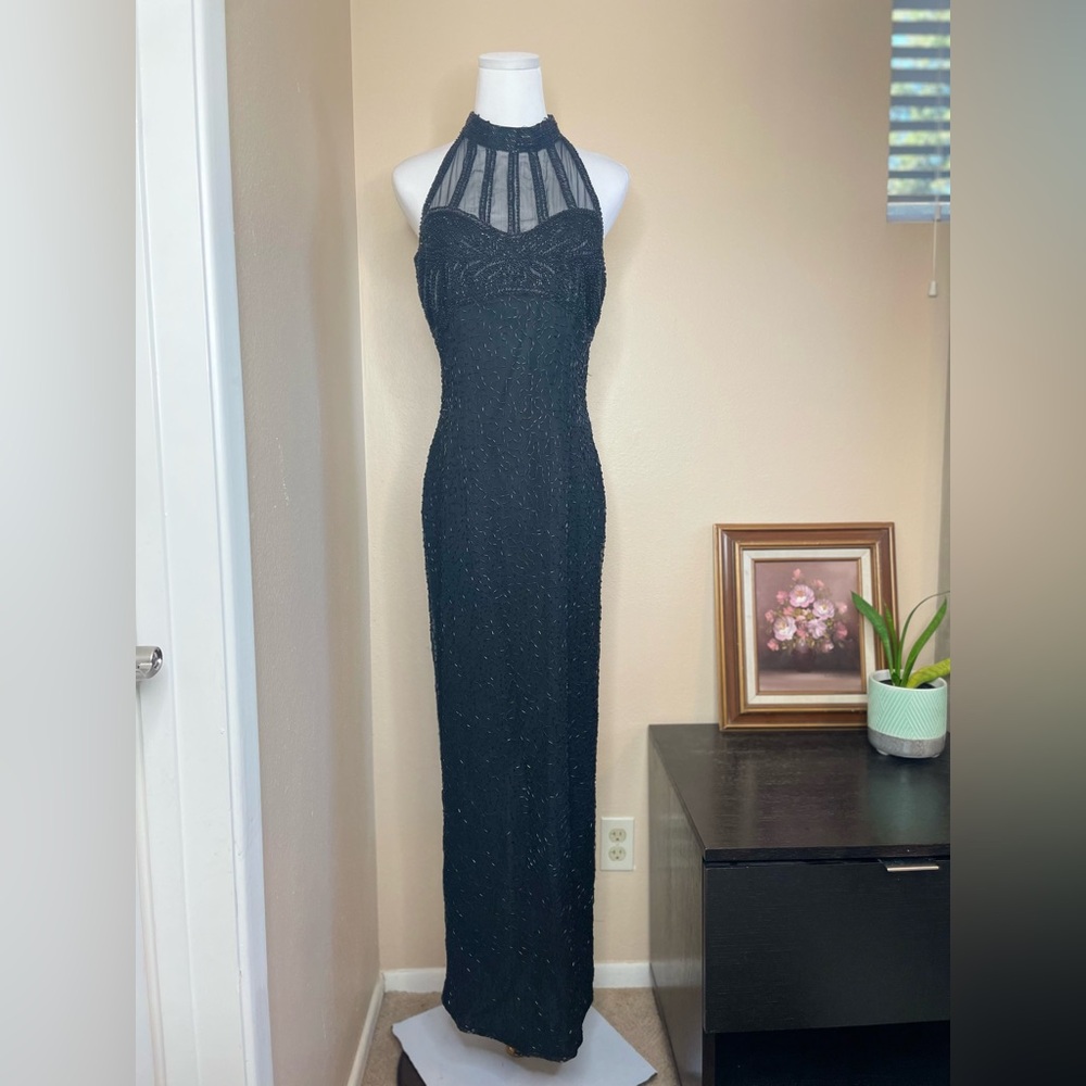 Stenay vintage 80’s beaded black halter evening gown.
